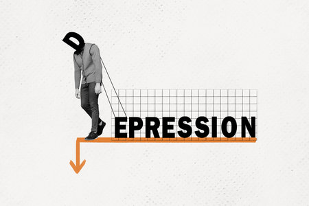 Creative collage photo young headless man depressed sad anxiety mental problem disorder walk upset arrow down drawing backgroundの写真素材