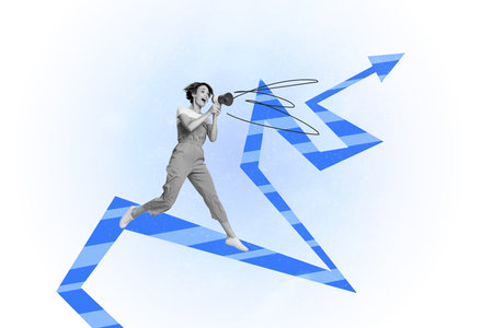 Composite graphics collage image of young girl promoter run scream loudspeaker advertising announcement arrow up isolated on white color backgroundの写真素材