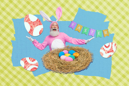 Creative 3d photo artwork collage of grandpa bunny costume easter egg hunt nest game atmosphere decoration celebration isolated on colorful backgroundの写真素材