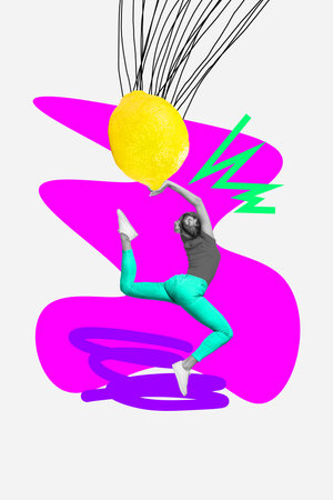Vertical collage creative poster unusual monochrome effect woman practice athletic stretch jump hold large fresh lemon colorful templateの写真素材