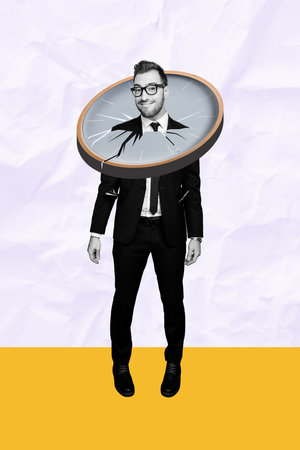 Vertical collage image of black white effect elegant man broken wall watch clock head isolated on paper backgroundの写真素材
