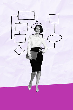 Composite image 3d magazine sketch collage of beautiful young lady secretary stand chain whirl sequence step by step action isolated on paper backgroundの写真素材