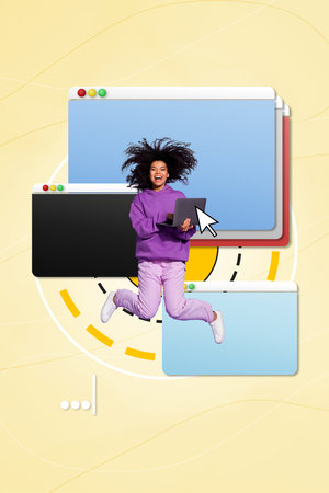 Vertical creative collage picture image enjoy happy funny smile young woman jump hold laptop work study website software bannerの写真素材