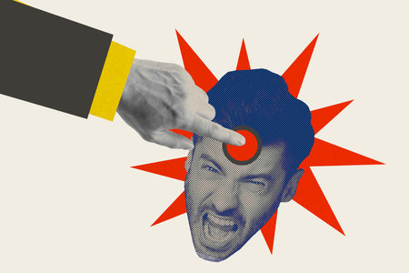 Photo collage picture young screaming man furious mad reaction mental disorder bully offensive behavior human arm touch finger faceの写真素材