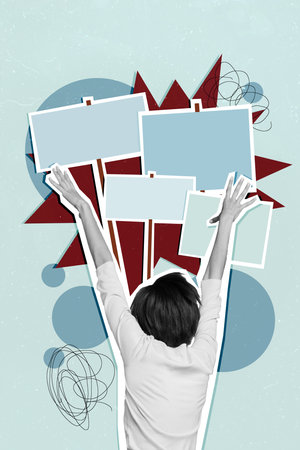 Concept of crowd people protestors collage image agitator leader raised hands up with posters placards isolated on blue color backgroundの写真素材
