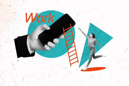 Creative 3d photo artwork graphics collage painting of excited teen lady looking for first online distance work isolated white color backgroundの写真素材