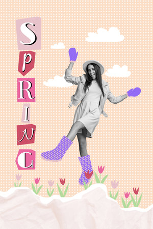 Vertical creative composite photo collage of good mood girl wear headwear gloves celebrate spring arrival isolated on painted backgroundの写真素材