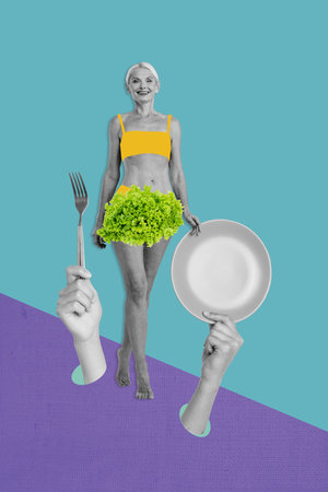 Creative vertical collage mature sportive sportswoman dish plate fork vegan nutrition calories bodycare drawing backgroundの写真素材