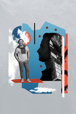 Composite collage picture image of middle age man head silhouette surrealism artistic mind weird...