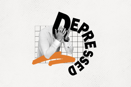 Photo sketch collage picture of crying unhappy upset guy feeling depression isolated white color backgroundの写真素材