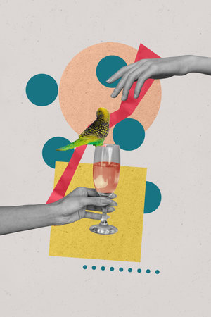 Vertical collage poster human hand hold glass alcohol drink martini champagne give another arm sitting bird pub special offer weekendの写真素材
