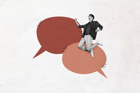 Creative abstract template collage of funny young man jumping have fun comics speech bubble...