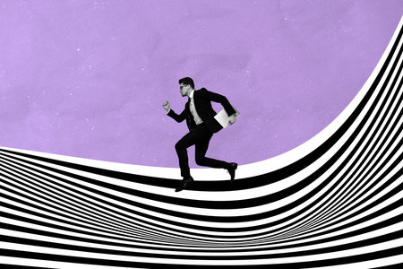 Lawyer man with laptop running on striped black white way collage illustration about new...