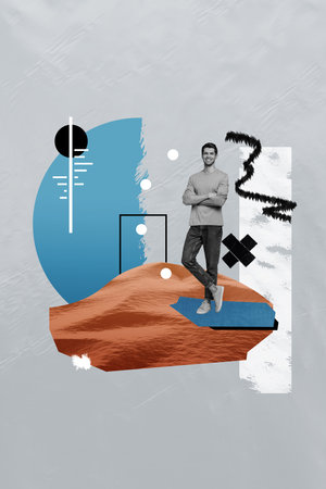 Vertical collage poster illustration monochrome effect excited happy successful young man cross...