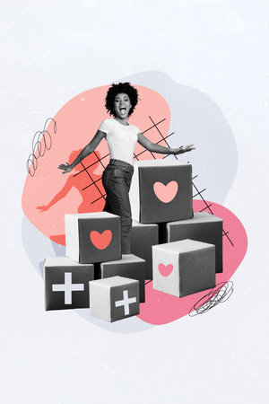 Vertical collage picture of astonished black white colors girl pile stack boxes heart aid donation help isolated on painted backgroundの写真素材