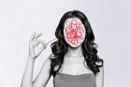 Portrait of surreal faceless lady collage abstract woman untangle mess in head to solve mental...