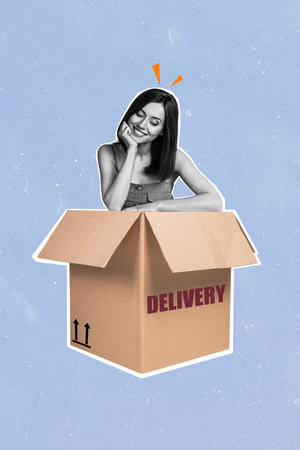 Collage pop retro sketch image of happy smiling lady getting shopping delivery box isolated blue color backgroundの写真素材