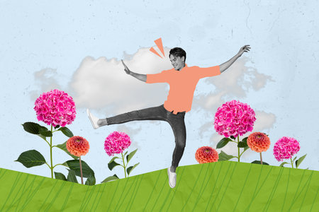Exclusive picture sketch collage image of funny carefree guy enjoying growing flowers isolated...