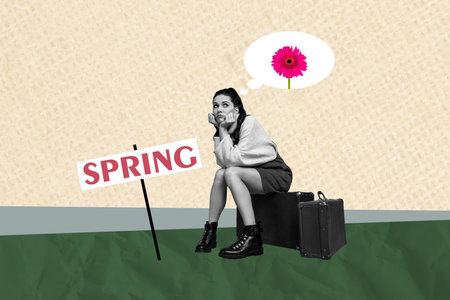 Composite image collage of girl dream gerbera flower sit suitcase wait spring table inscription vacation isolated on painted backgroundの写真素材