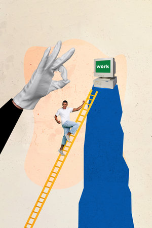 Vertical collage picture illustration image happy excited joyful young man climb stairs large human...