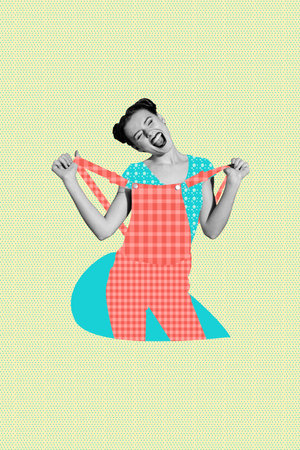 Vertical creative composite photo collage of ecstatic woman scream hold straps of painted overall isolated on yellow dotted backgroundの写真素材