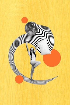 Collage picture image of cheerful happy positive girl holding pillow waking up nice morning isolated on drawing backgroundの写真素材