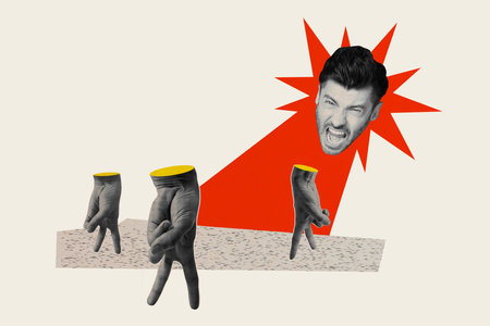 Photo collage young crazy scared frustrated man shouting furious angry reaction walking caricature...