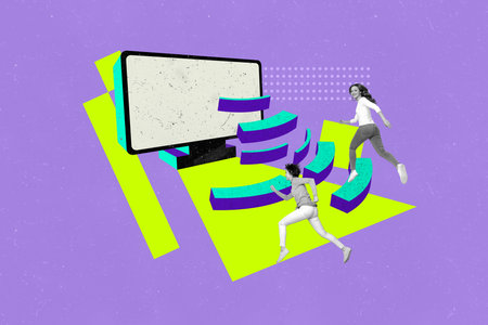 Creative picture collage two young girls run towards broadcasting screen display wifi internet signal addicted social media usersの写真素材