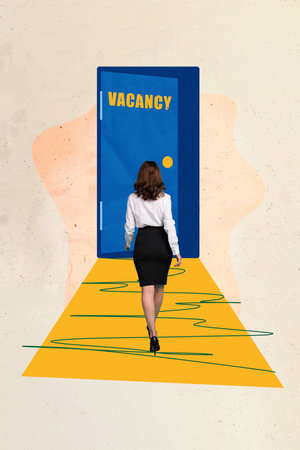 Vertical collage creative picture illustration businesslike slim young woman search new job vacancy interview sketch doodle white backgroundの写真素材