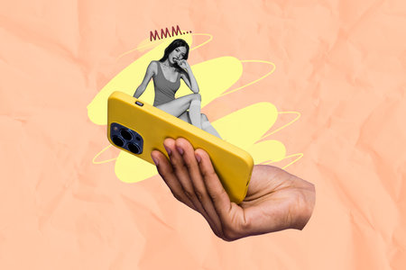 Artwork collage sketch of sexy attractive flirty miniature woman sitting on phone screen display biting lips mmmの写真素材