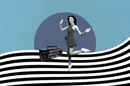 Photo of young attractive girl have some fun collage where lady listen cassette recorder dancing...