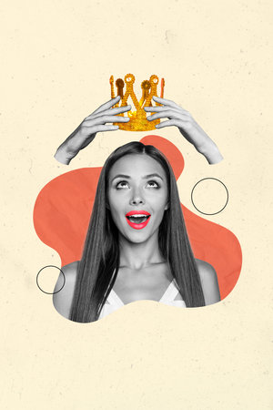 Artwork collage of young beautiful lady win first place beauty contest wear golden crown isolated on drawing backgroundの写真素材
