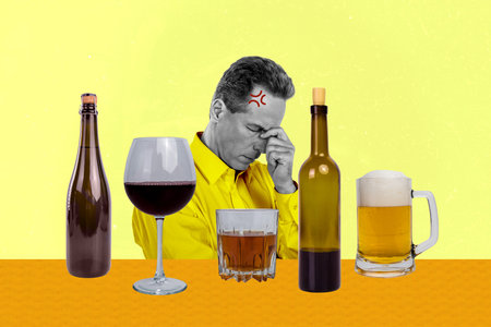 Collage picture artwork of sad disappointed man drinking alcohol cocktail after stressed day isolated on drawing backgroundの写真素材