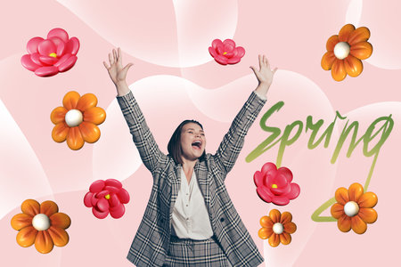 Photo collage artwork of excited funky lady rising hands catching arms flowers celebrating spring isolated creative backgroundの写真素材