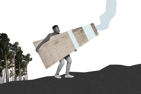 Creative abstract collage of young american hold pipe pollution emissions factory industrial smog disaster isolated on painted backgroundの写真素材