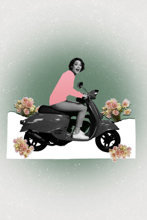 Vertical photo collage of positive cheerful girl ride vespa motto delivery courier retro flowers bouquet spring isolated on painted backgroundの写真素材