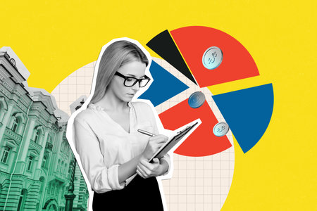 Collage picture of black white colors elegant girl hold pen write clipboard money coins diagram stats building isolated on yellow backgroundの写真素材