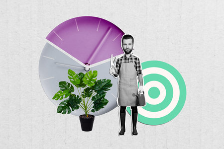 Composite 3d photo artwork image collage of young male gardener hold watering can pruner clock time...