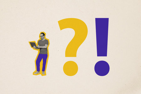 Photo collage young standing man hold laptop browsing remote freelance worker question mark exclamation doubts unsure dilemmaの写真素材