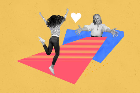 Magazine picture sketch collage image of excited lady ready hug her running granddaughter isolated creative backgroundの写真素材