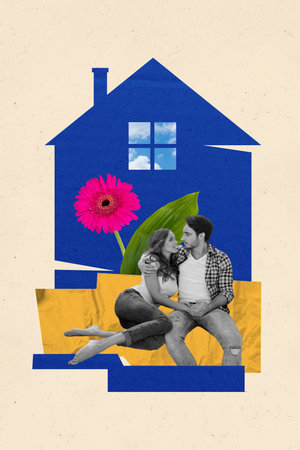 Photo sketch collage picture of happy charming couple relaxing indoors new home isolated beige color backgroundの写真素材