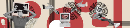 Photo collage panoramic picture bizarre concept headless person computer monitor sit pouf show tongue face fragment mouthの写真素材