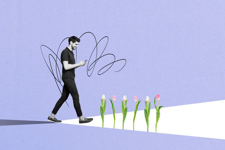 Collage image of handsome nice man walking outdoors chatting social media isolated on drawing backgroundの写真素材