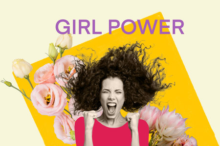 Collage picture of cheerful crazy girl shouting screaming girl power promo message isolated on drawing floral backgroundの写真素材