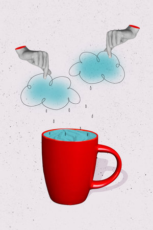 Vertical collage picture of two black white colors people arms fingers hold painted clouds raindrops big red cup isolated on creative backgroundの写真素材