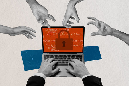 Composite image collage of hands type laptop password internet documentation important data...
