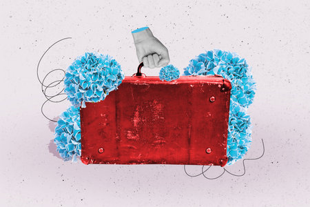 Collage picture of black white colors arm hold retro valise fresh spring flowers isolated on painted creative backgroundの写真素材