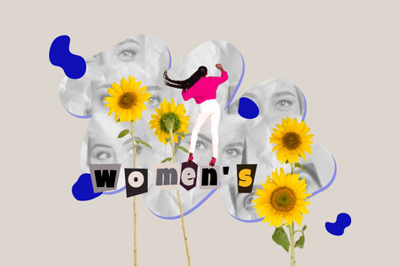 Image collage sketch of glad cheerful girl celebrate international women day isolated on painted backgroundの写真素材