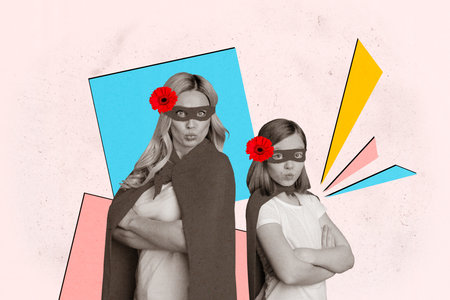 Artwork collage picture of lovely charming strong girls mom and daughter standing together folded arms isolated on painted backgroundの写真素材