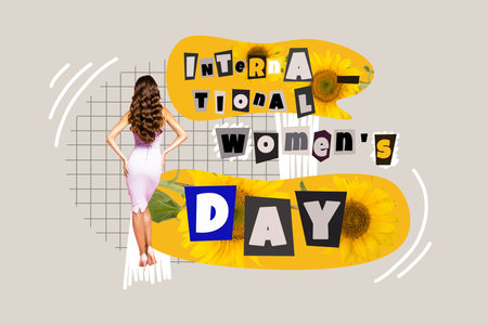 Placard brochure collage of stunning pretty lady enjoy international women day celebration isolated on drawing backgroundの写真素材